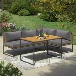 OUTLIV. Floris Dininglounge 3-tlg. Stahl/Akazie Schwarz/Grau