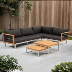 OUTLIV. Hawaii Ecklounge Edelstahl/Teak/Polster Dunkelgrau
