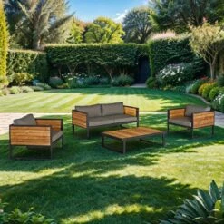 OUTLIV. Rhodos Loungeset 4-tlg. Aluminium/Teak/Olefin Anthrazit/Natur
